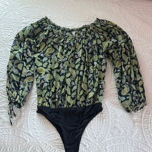 Free People Navy and Olive Paisley Off-Shoulder Bodysuit